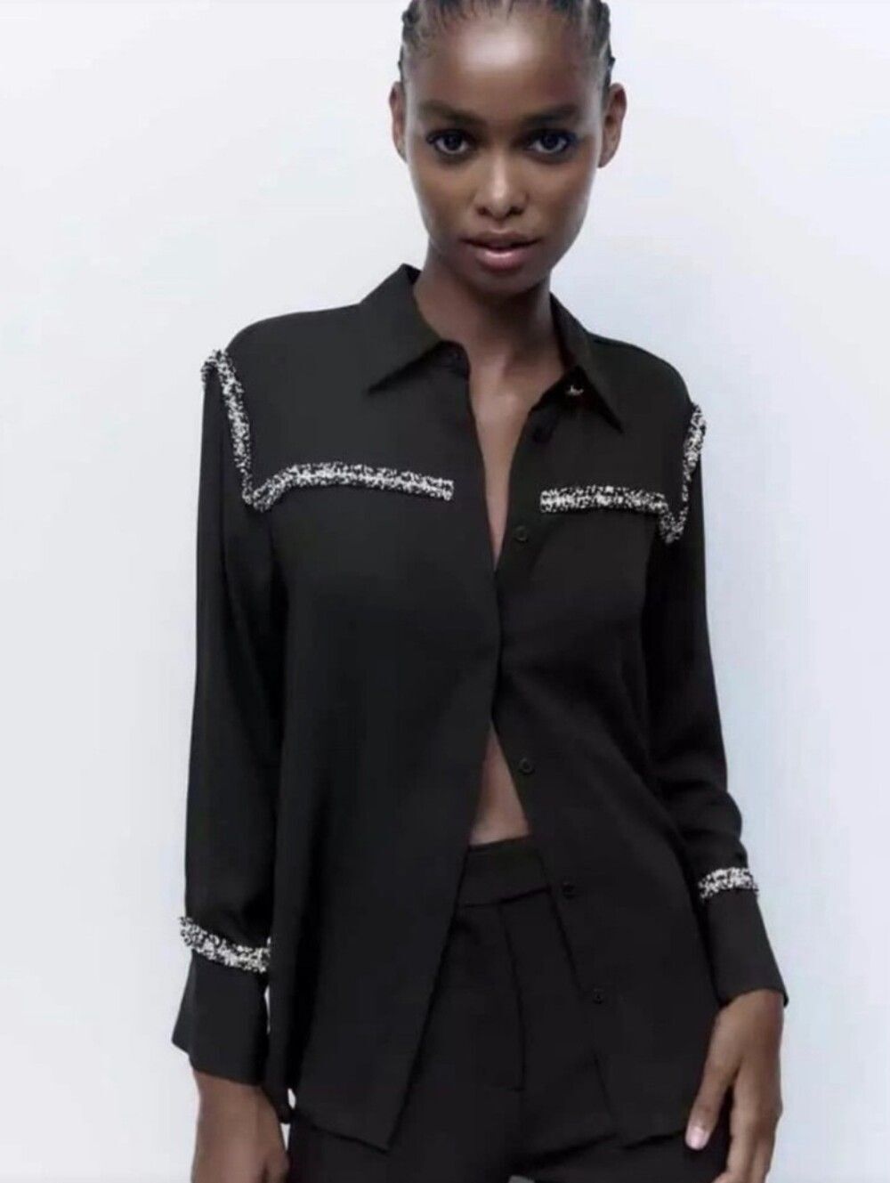 Zara Combination Textured Black White Chiffon Blouse Fringe Size Large